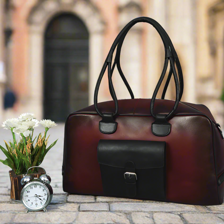 Premium Leather Travel Duffel Bag with Front Buckle Pocket & Dual Carry Straps