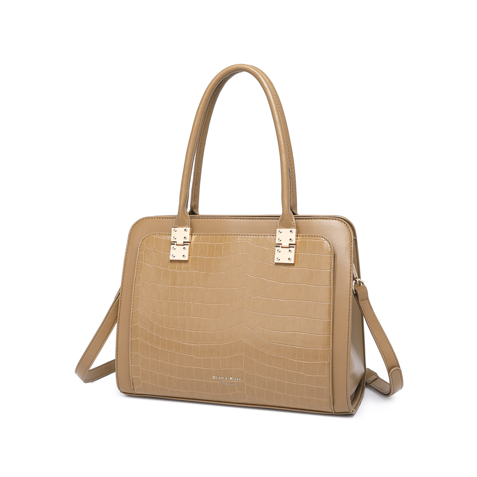 Tan Croc-Texture Structured Shoulder tote Bag