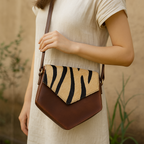 Women's Leather Sling Bag with Zebra Pattern Flap Brown Crossbody Shoulder Bag