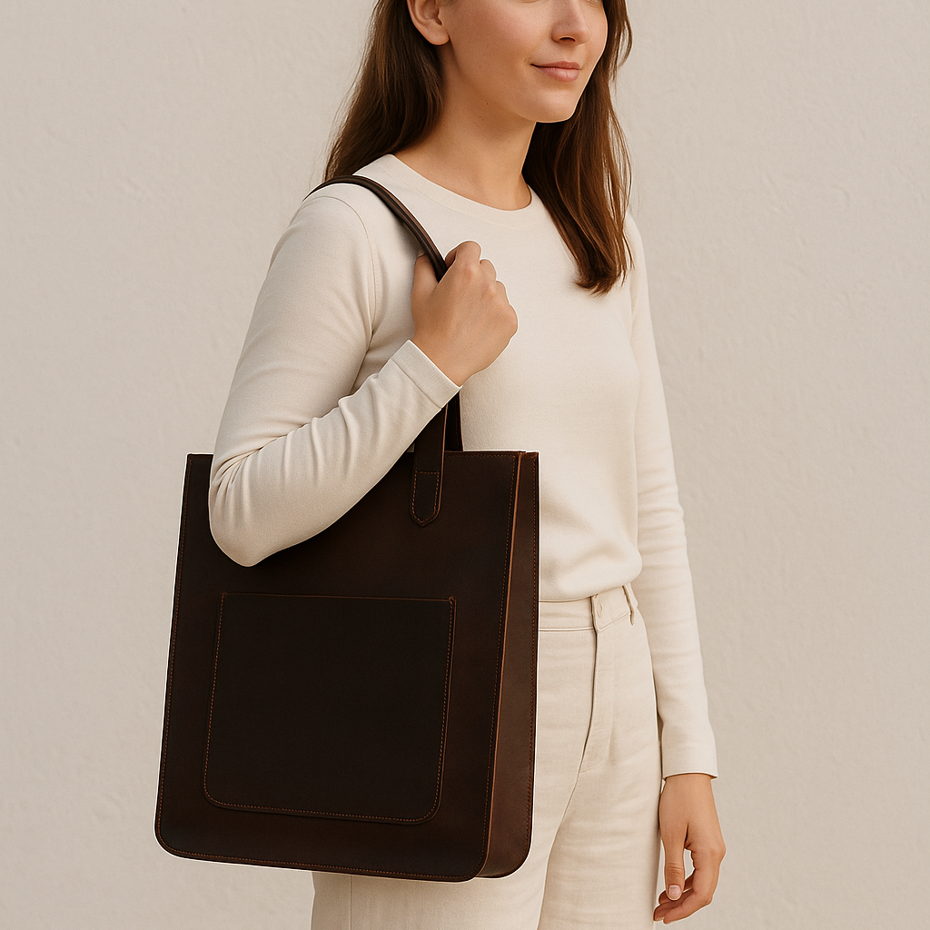 Handcrafted Brown Leather Tote Bag with Front Pocket Minimal & Durable Everyday Carry
