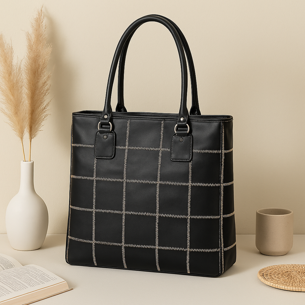 Women Black Leather Tote Bag with Contrast Stitch Grid and Spacious Interior
