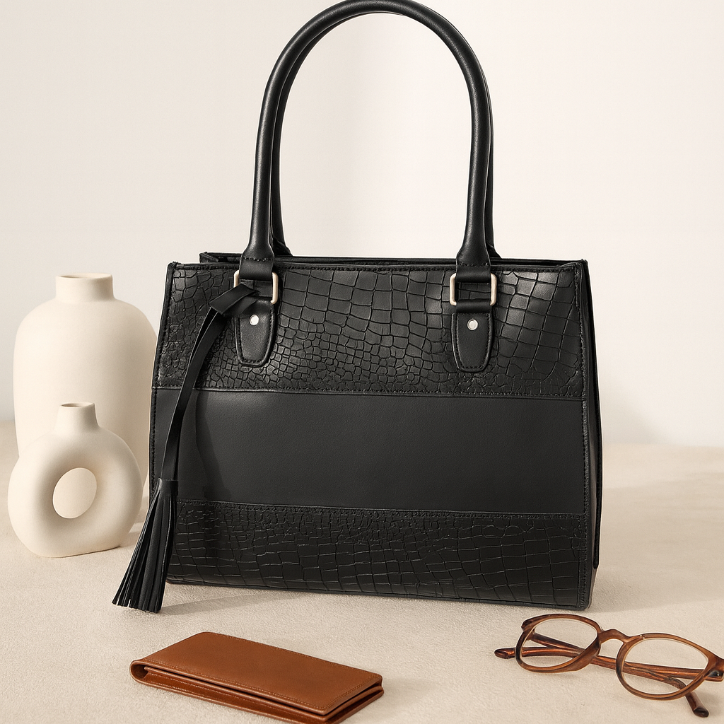Premium Croc-Embossed Leather Tote with Dual Handles, Zip Closure & Detachable Strap
