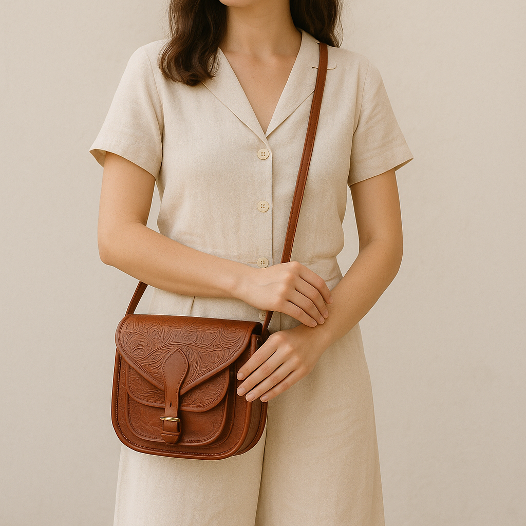 Vintage Embossed Leather Sling Bag with Buckle Flap & Front Pocket