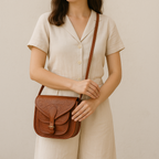 Vintage Embossed Leather Sling Bag with Buckle Flap & Front Pocket