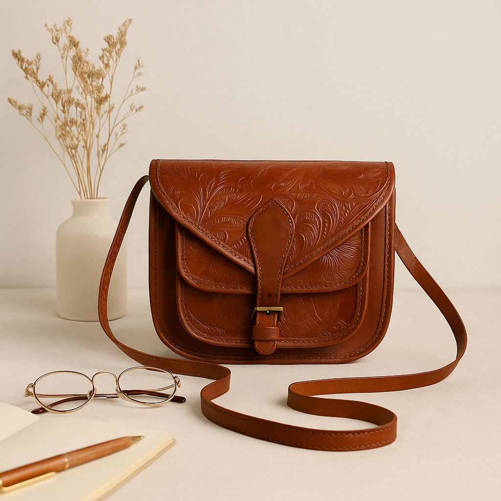 Vintage Embossed Leather Sling Bag with Buckle Flap & Front Pocket