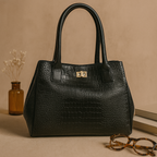 Structured Croc-Textured Black Handbag with Top Handles
