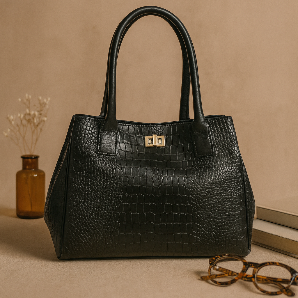 Structured Croc-Textured Black Handbag with Top Handles