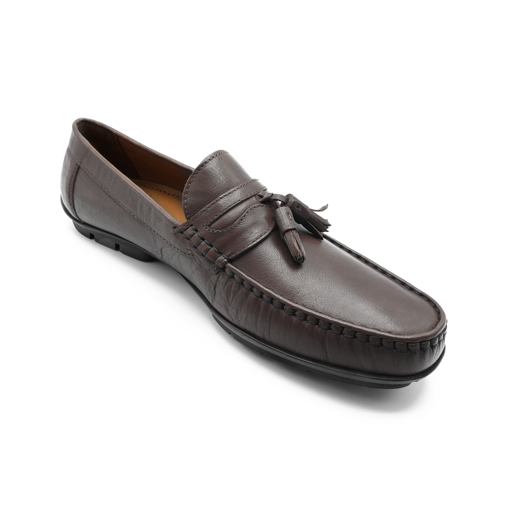 Men’s Tassel Mocc Genuine Tan Leather Loafers – Handstitched Slip-On Shoes with Cushioned Insole & Durable TPR Sole