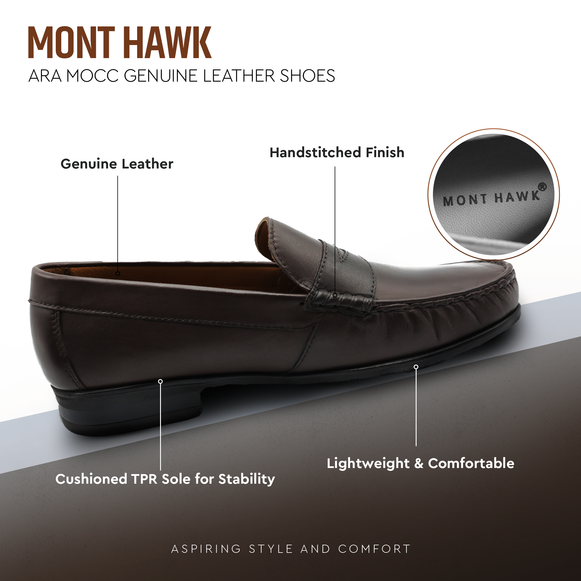 Ara Mocc Genuine Leather Loafers – Handstitched Slip-On Shoes with Cushioned Insole & Durable TPR Sole