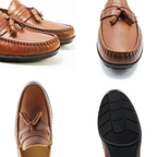 Men’s Tassel Mocc Genuine Tan Leather Loafers – Handstitched Slip-On Shoes with Cushioned Insole & Durable TPR Sole