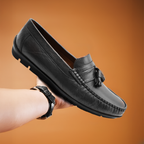 Men’s Tassel Mocc Genuine Tan Leather Loafers – Handstitched Slip-On Shoes with Cushioned Insole & Durable TPR Sole