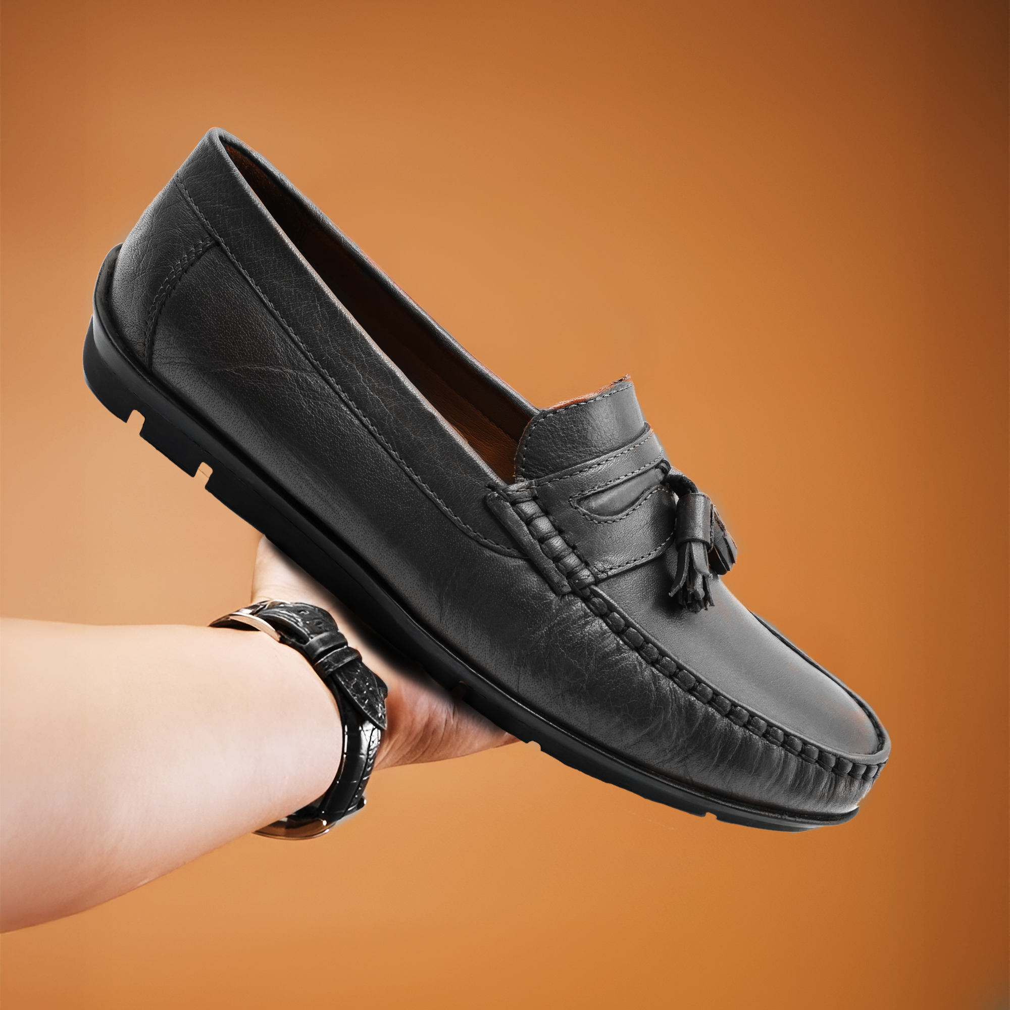 Men’s Tassel Mocc Genuine Tan Leather Loafers – Handstitched Slip-On Shoes with Cushioned Insole & Durable TPR Sole