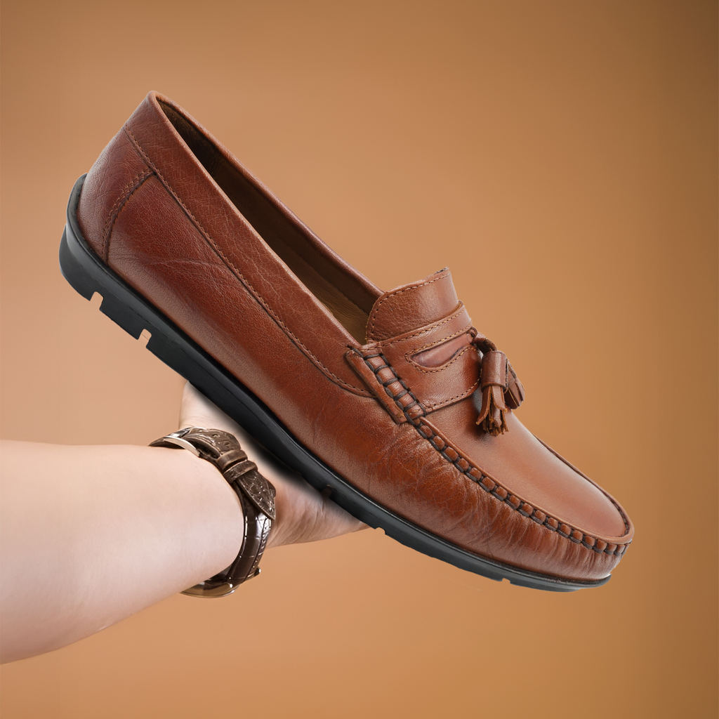 Men’s Tassel Mocc Genuine Tan Leather Loafers – Handstitched Slip-On Shoes with Cushioned Insole & Durable TPR Sole