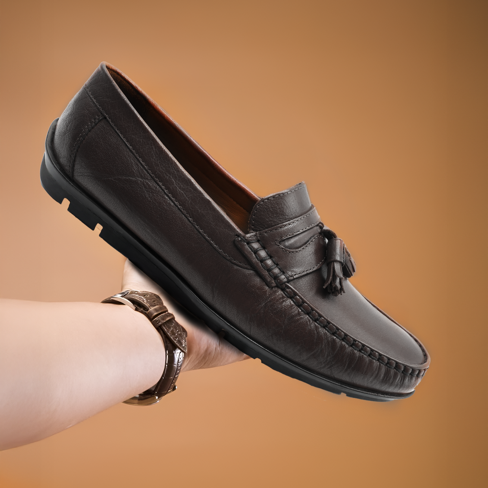 Men’s Tassel Mocc Genuine Tan Leather Loafers – Handstitched Slip-On Shoes with Cushioned Insole & Durable TPR Sole