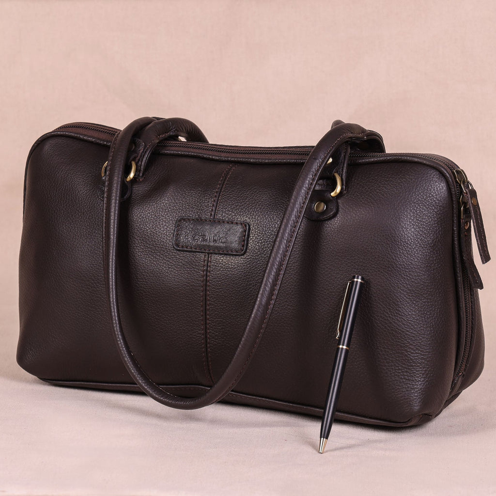 Premium Leather Shoulder Bag with Dual Zip Compartments, Structured Silhouette