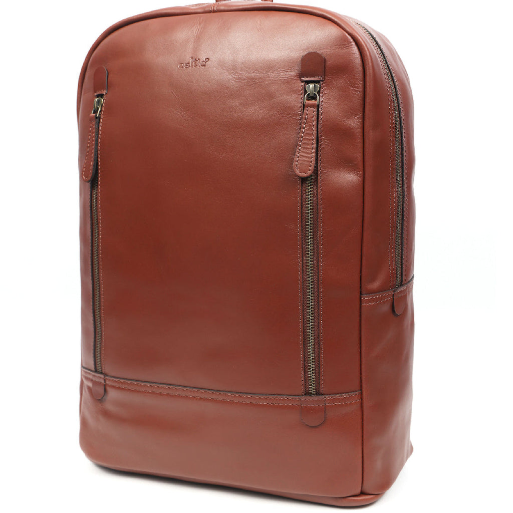 Full-Grain Leather Laptop Backpack with Dual Front Zippers & Padded Interior