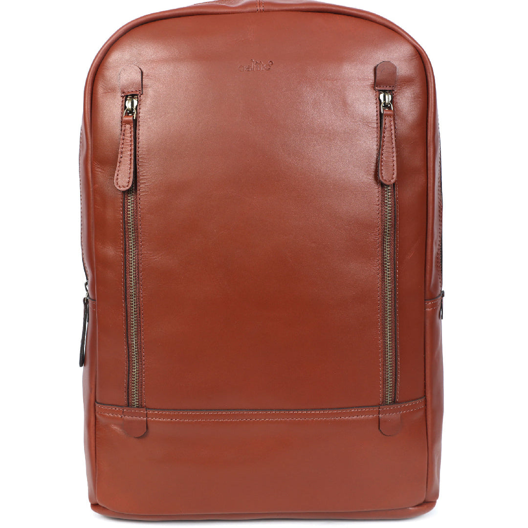 Full-Grain Leather Laptop Backpack with Dual Front Zippers & Padded Interior
