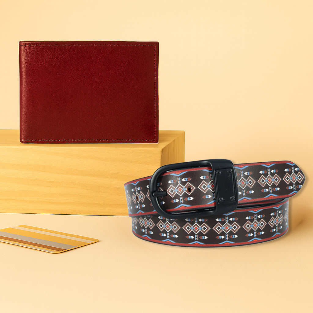 Leather Wallet & Printed Belt Combo Premium Gift Set for Men