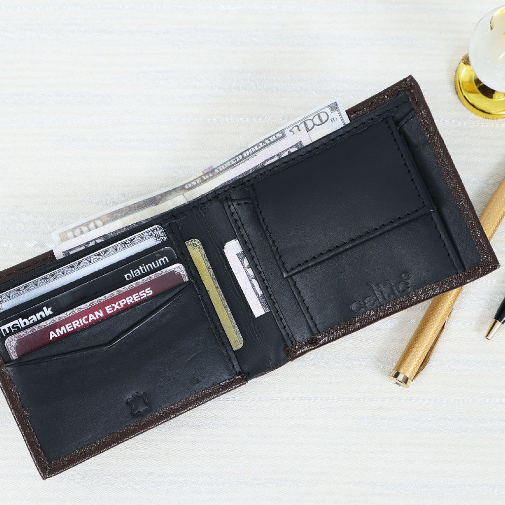 Celtic Genuine Leather Bi-Fold Wallet with Flip ID Window & Coin Pocket
