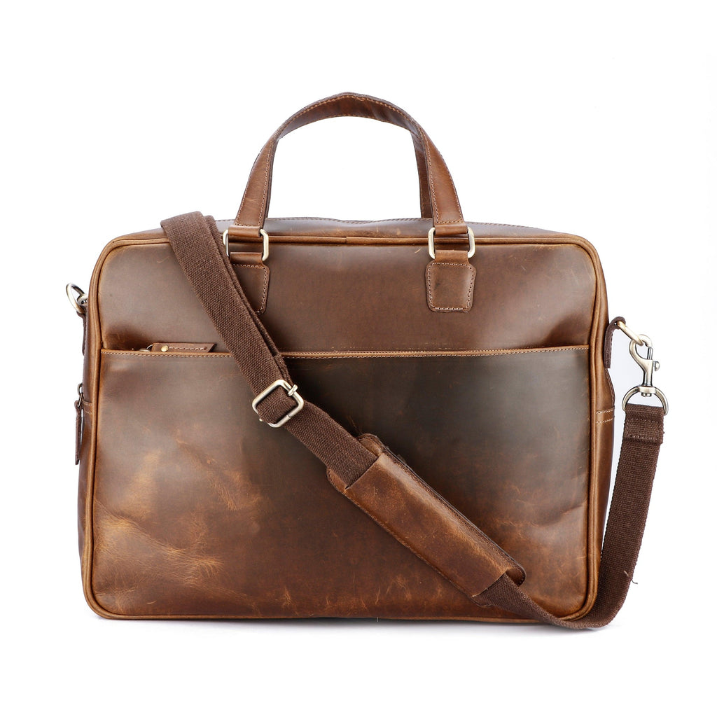 Vintage Full-Grain Leather Office Briefcase with Adjustable Shoulder Strap