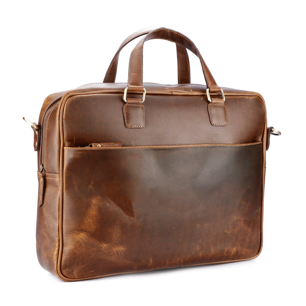 Vintage Full-Grain Leather Office Briefcase with Adjustable Shoulder Strap