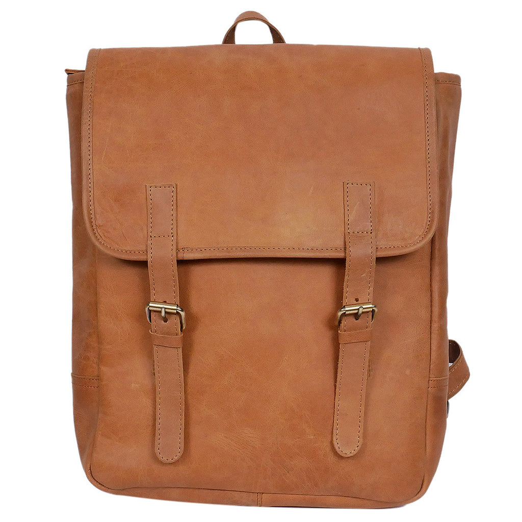 Genuine Leather Backpack Brown with Flap Closure, Adjustable Straps & Inside Zip Pocket