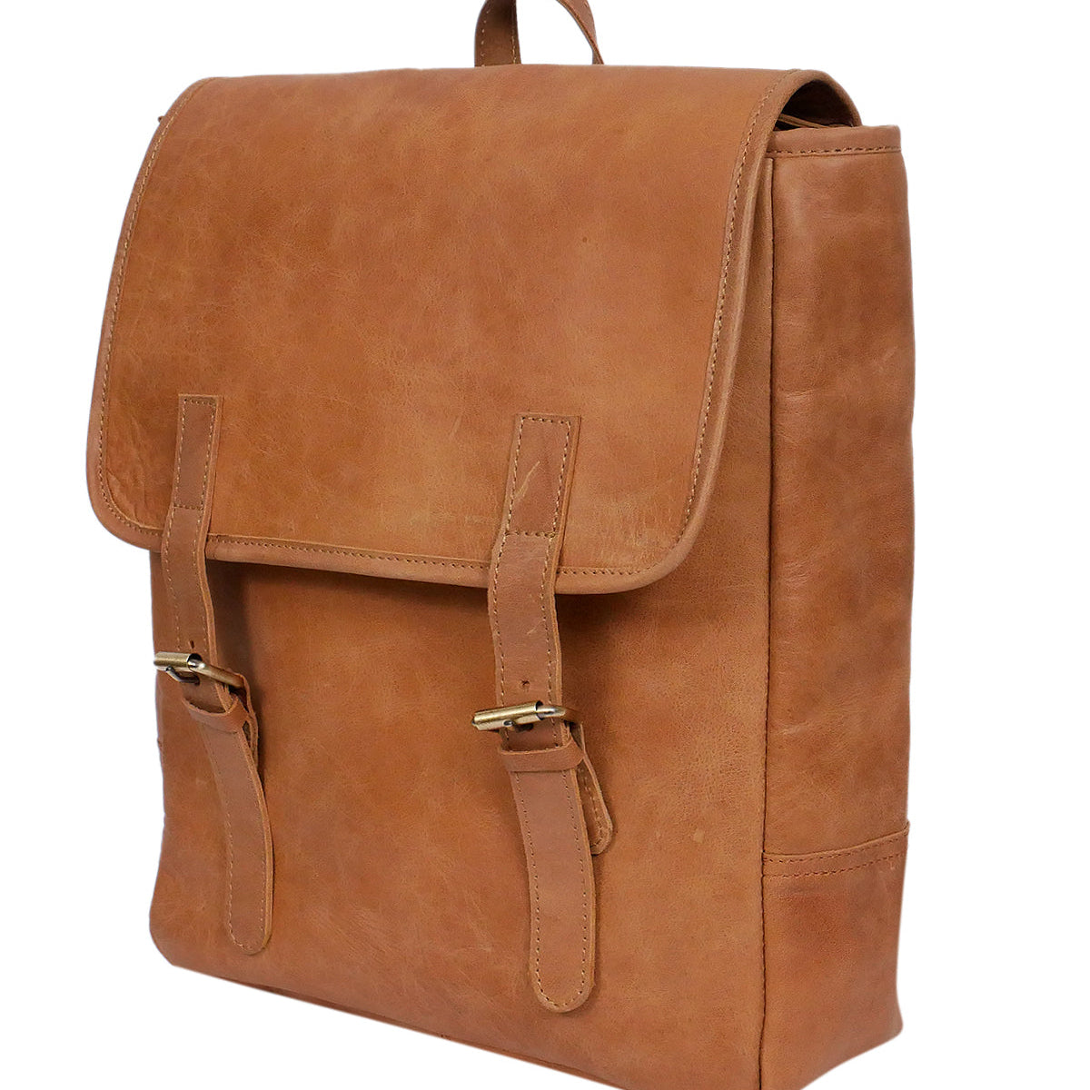 Genuine Leather Backpack Brown with Flap Closure, Adjustable Straps & Inside Zip Pocket