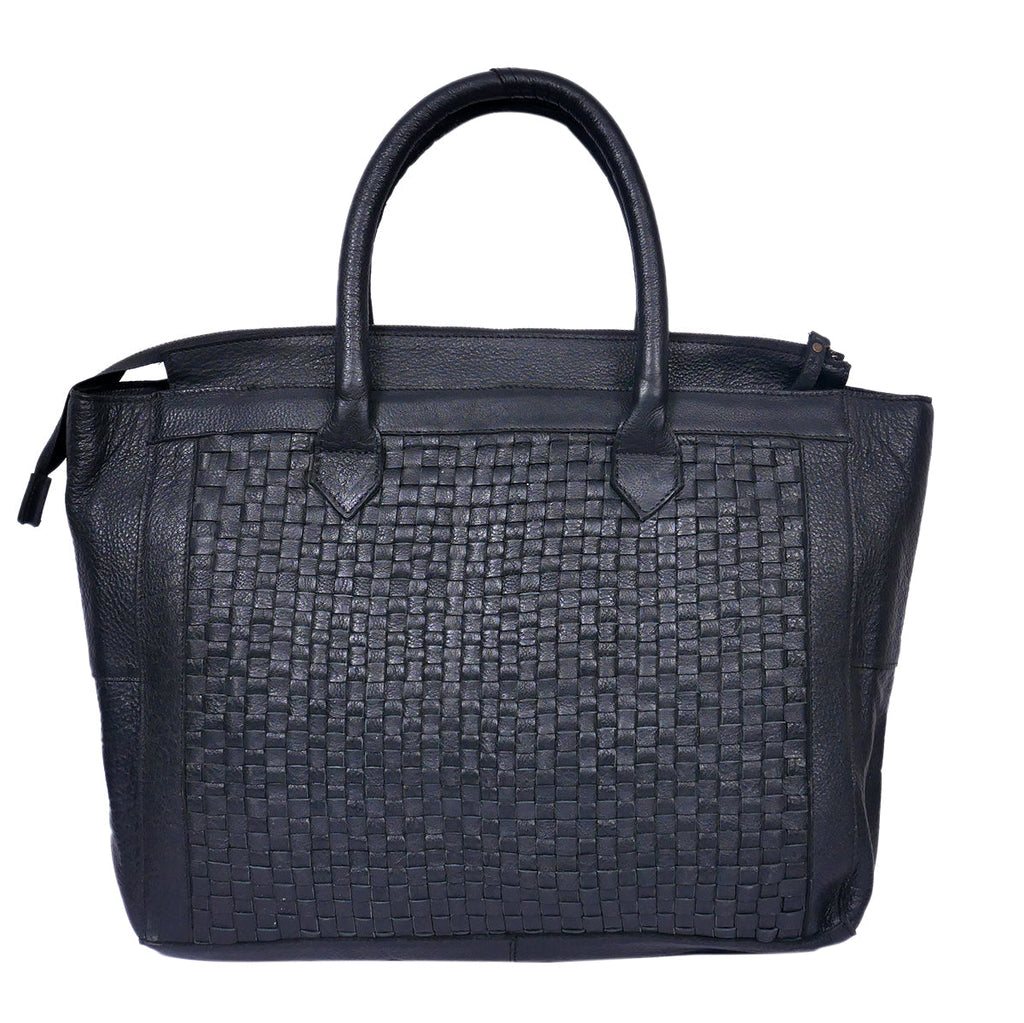 Genuine Leather Tote Bag Black with Woven Front, Zip Closure & Dual Carry Handles