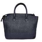 Genuine Leather Tote Bag Black with Woven Front, Zip Closure & Dual Carry Handles
