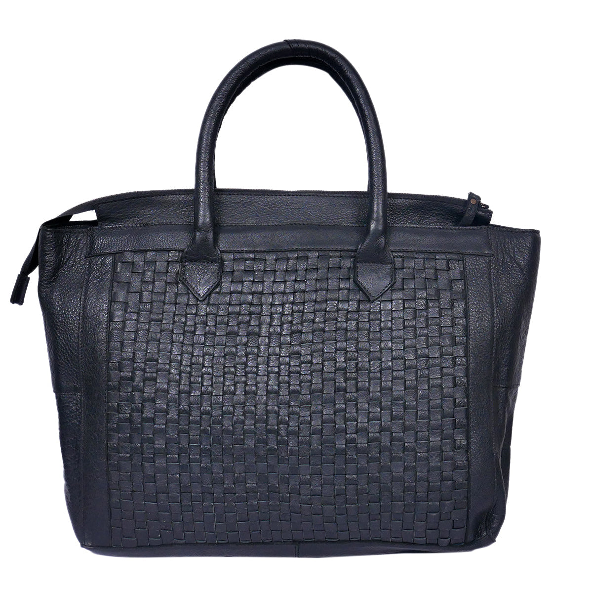 Genuine Leather Tote Bag Black with Woven Front, Zip Closure & Dual Carry Handles