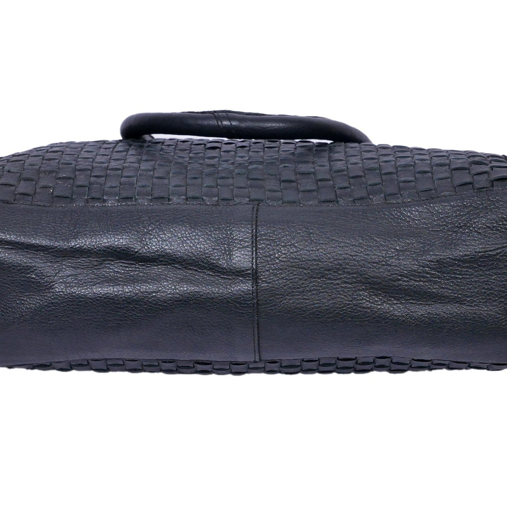 Genuine Leather Tote Bag Black with Woven Front, Zip Closure & Dual Carry Handles