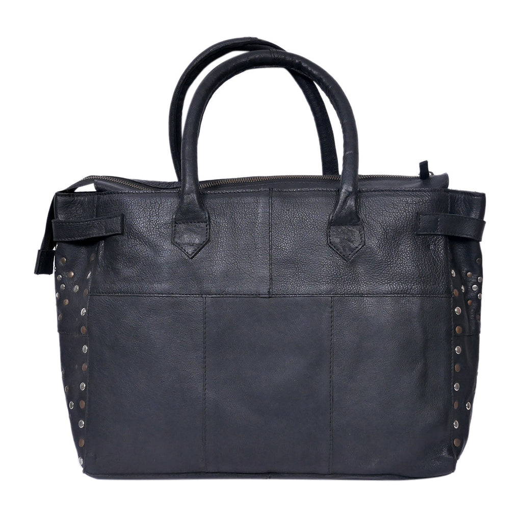 Genuine Leather Tote Bag Black with Top Zip Closure, Inner Zip Pocket & Dual Handles