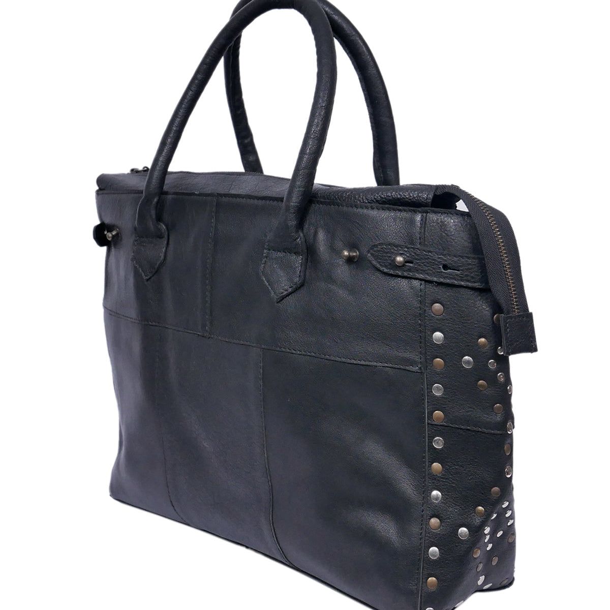 Genuine Leather Tote Bag Black with Top Zip Closure, Inner Zip Pocket & Dual Handles