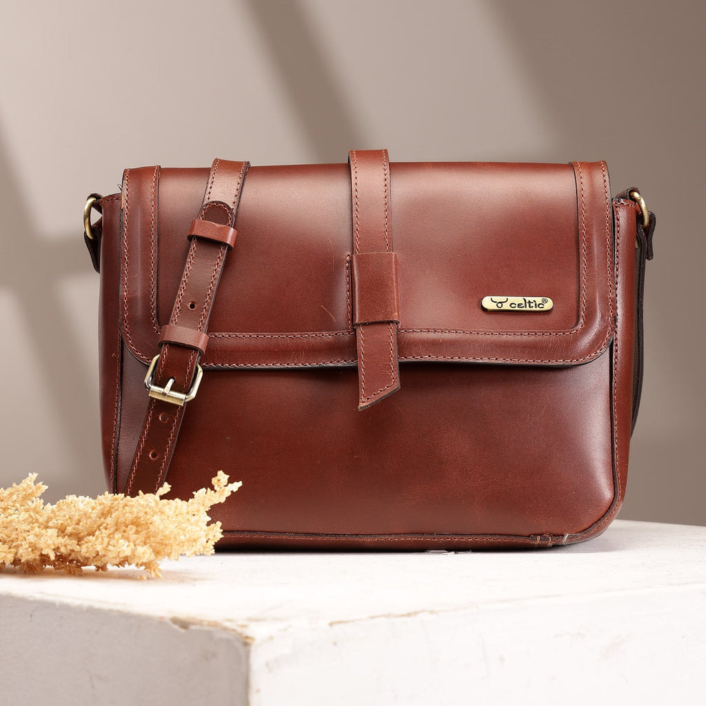 Premium Full-Grain Leather Sling Bag with Flap Closure,  & Adjustable Strap