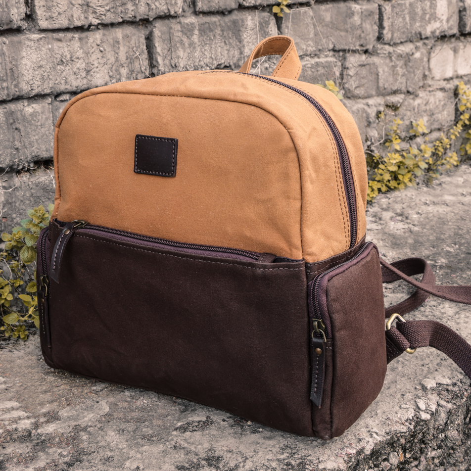 Premium Export Quality Canvas & Leather Mini Backpack with Multi Zip Pockets & Adjustable Straps