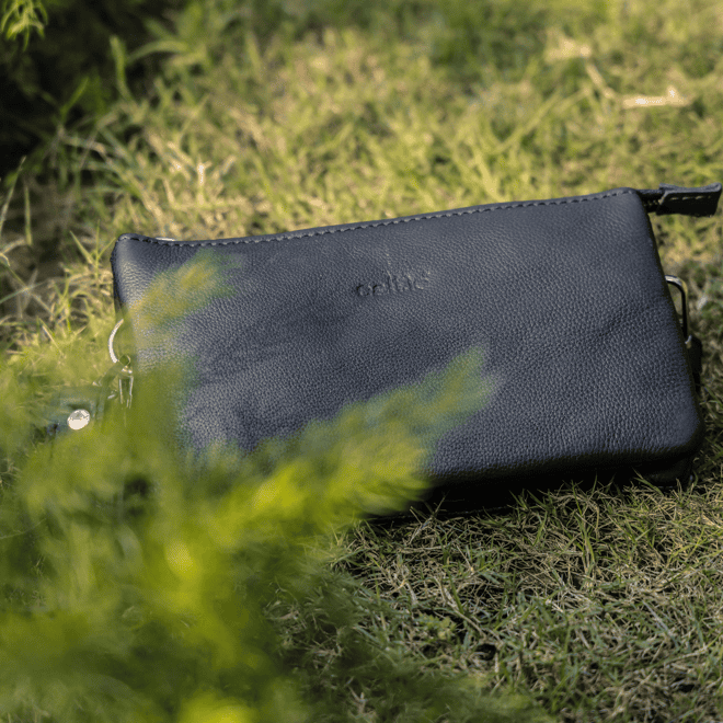Premium Black Genuine Leather Sling Clutch with Dual Zip Compartments & Adjustable Strap