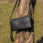 Premium Black Genuine Leather Sling Clutch with Dual Zip Compartments & Adjustable Strap