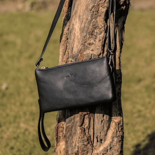 Premium Black Genuine Leather Sling Clutch with Dual Zip Compartments & Adjustable Strap