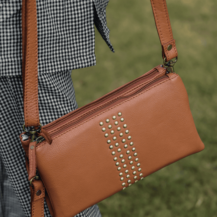 Premium Genuine Leather Studded Wristlet Sling  with Dual Zip Compartments for Women