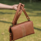 Premium Genuine Leather Studded Wristlet Sling  with Dual Zip Compartments for Women