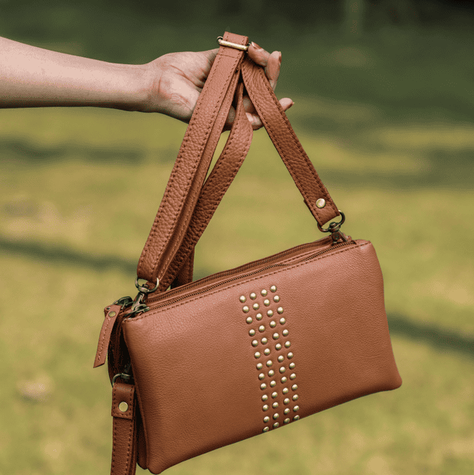 Premium Genuine Leather Studded Wristlet Sling  with Dual Zip Compartments for Women