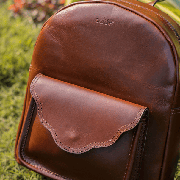 Genuine Leather Mini Backpack for Women with Front Pocket Classic Brown Daypack