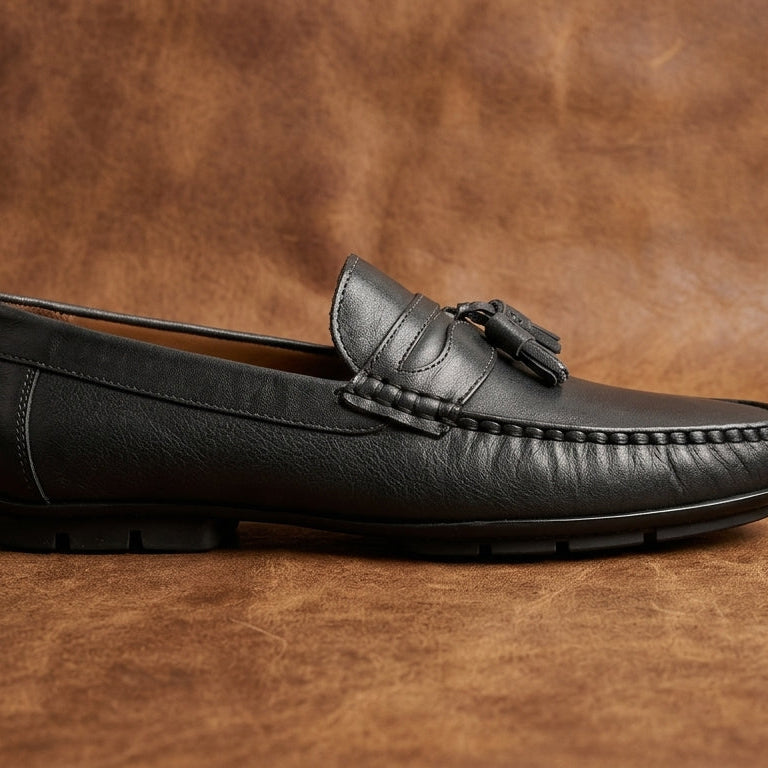 Men’s Tassel Mocc Genuine Tan Leather Loafers – Handstitched Slip-On Shoes with Cushioned Insole & Durable TPR Sole