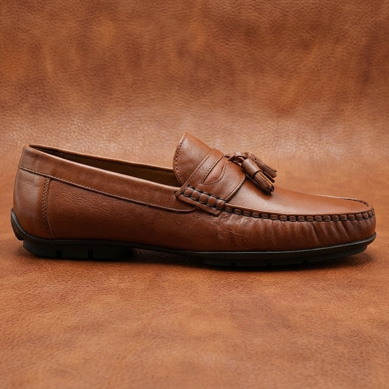 Men’s Tassel Mocc Genuine Tan Leather Loafers – Handstitched Slip-On Shoes with Cushioned Insole & Durable TPR Sole