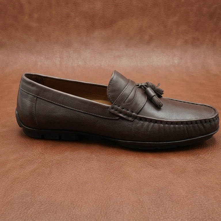 Men’s Tassel Mocc Genuine Tan Leather Loafers – Handstitched Slip-On Shoes with Cushioned Insole & Durable TPR Sole