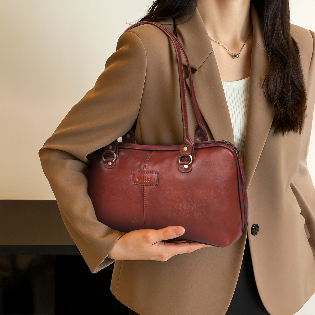 Premium Leather Shoulder Bag with Dual Zip Compartments, Structured Silhouette