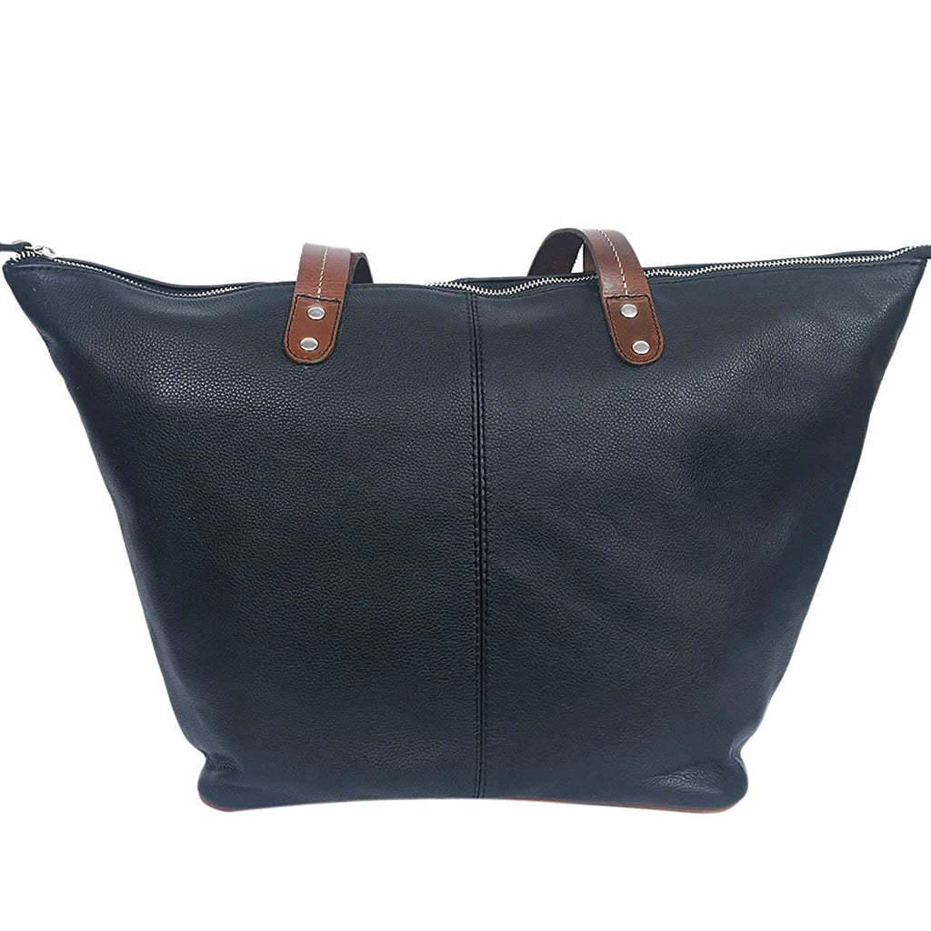 Genuine Leather Black Tote Bag with Minimal Design and Top Zip Closure