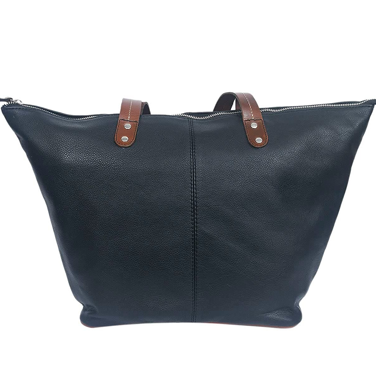 Genuine Leather Black Tote Bag with Minimal Design and Top Zip Closure