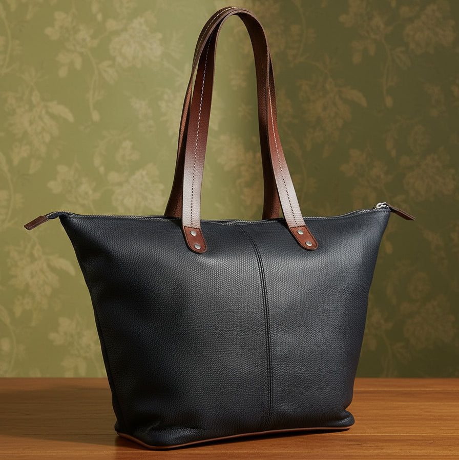 Genuine Leather Black Tote Bag with Minimal Design and Top Zip Closure