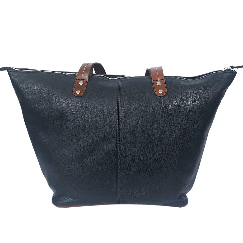 Genuine Leather Black Tote Bag with Minimal Design and Top Zip Closure